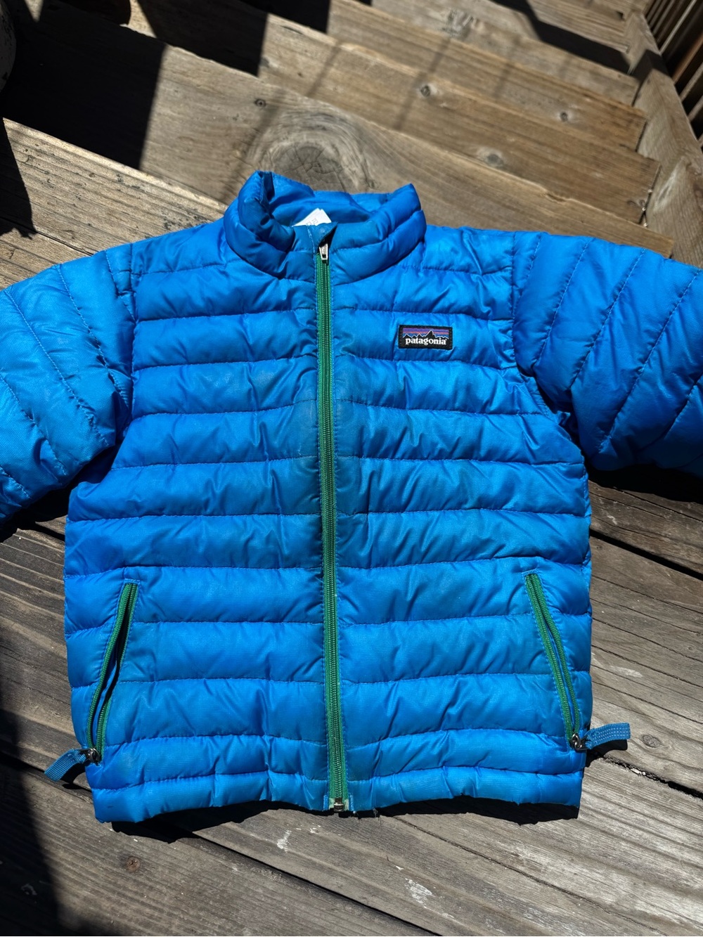 Patagonia Kids Blue Down Sweater Jacket with Green Zipper
